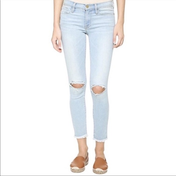 Frame Le Skinny De Jeanne Crop Distressed Honeywood Raw Hem Denim Jeans - Picture 1 of 12